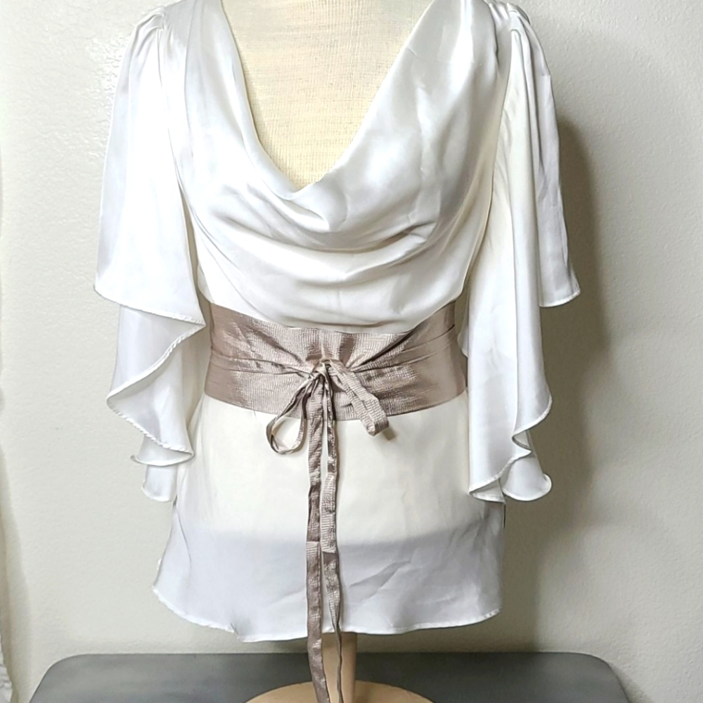 Elegant White Draped Cowl Neck Top with Taupe Waist Sash